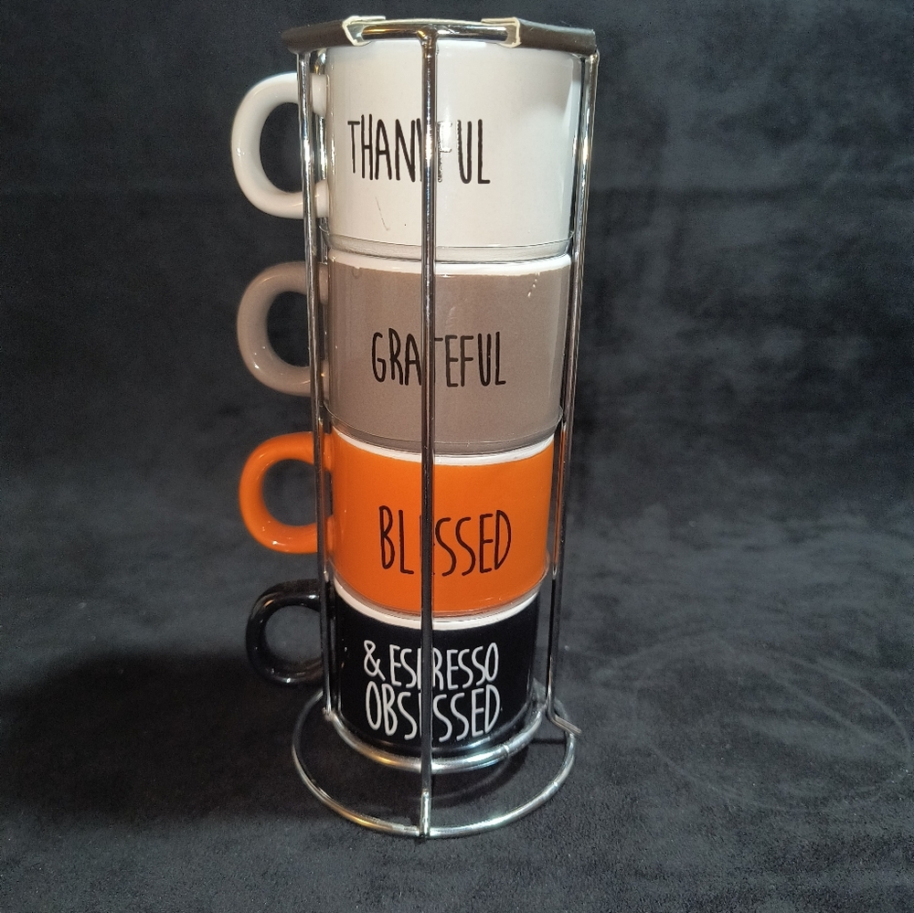 Home Essentials Set of Four Espresso Mugs With Metal Rack NWT